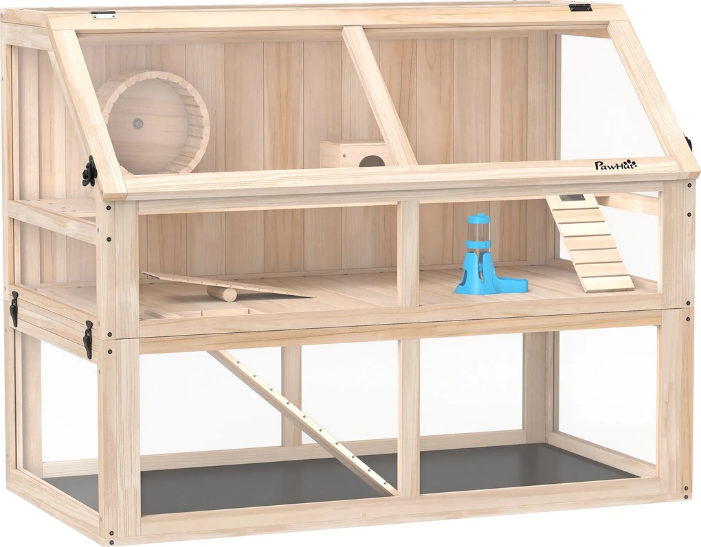 PawHut Klatka dla chomika z drewna 3 poziomy Klatka dla gryzoni z huśtawką, kołowrotkiem, domkiem 95 x 53 x 76 cm naturalne drewno | Aosom PL