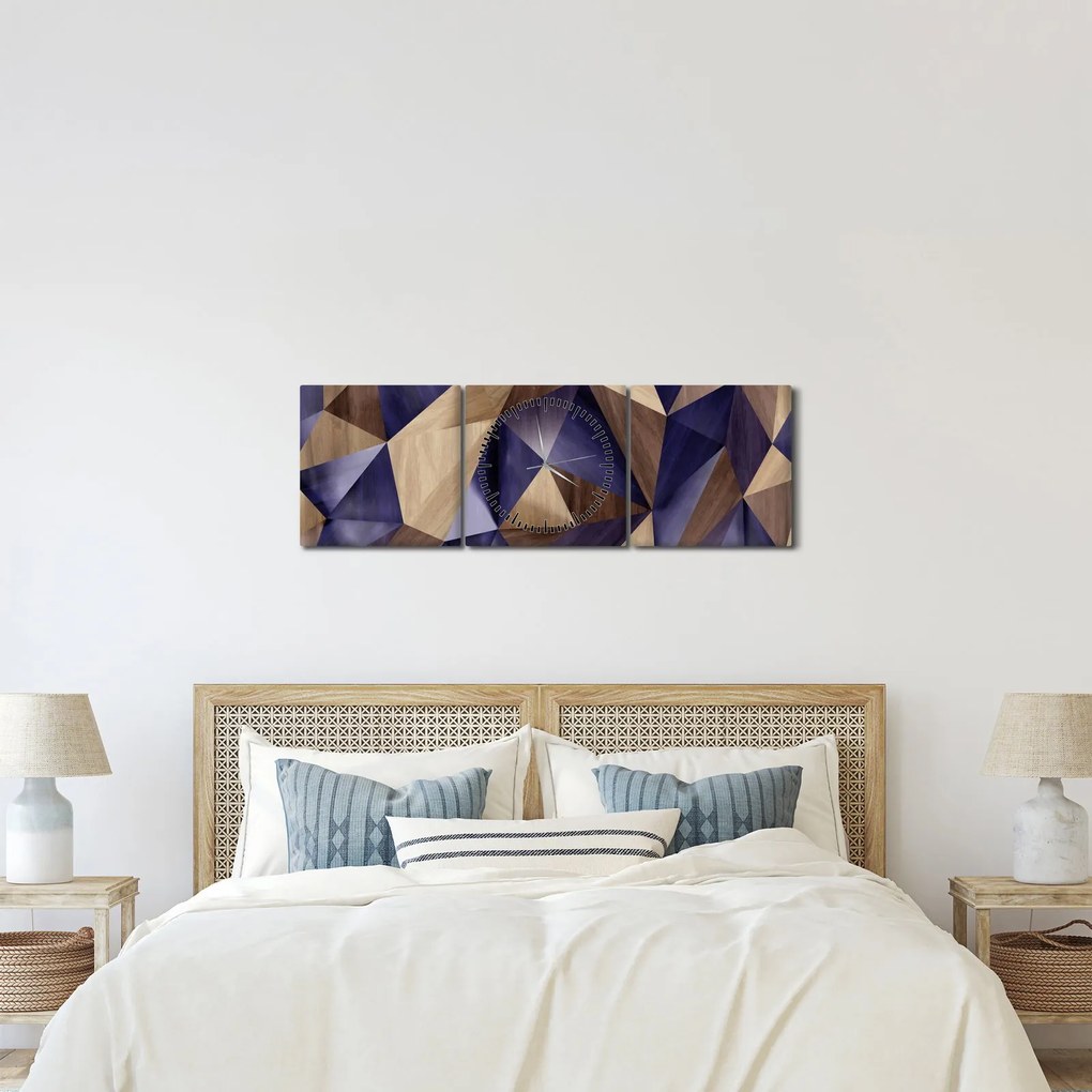 Obraz - 3D drewniane trójkąty (z zegarem) (90x30 cm)