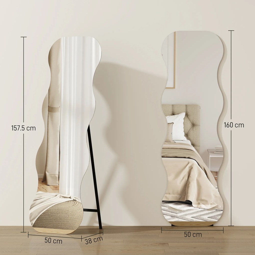 HOMCOM Lustro w całości bez ramy, z podstawą drewnianą, elastyczne umiejscowienie, w kształcie falisty, Czarny