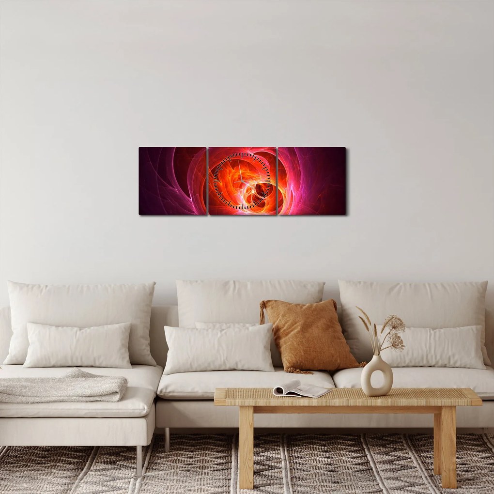Nowoczesny obraz różowej abstrakcji (z zegarem) (90x30 cm)