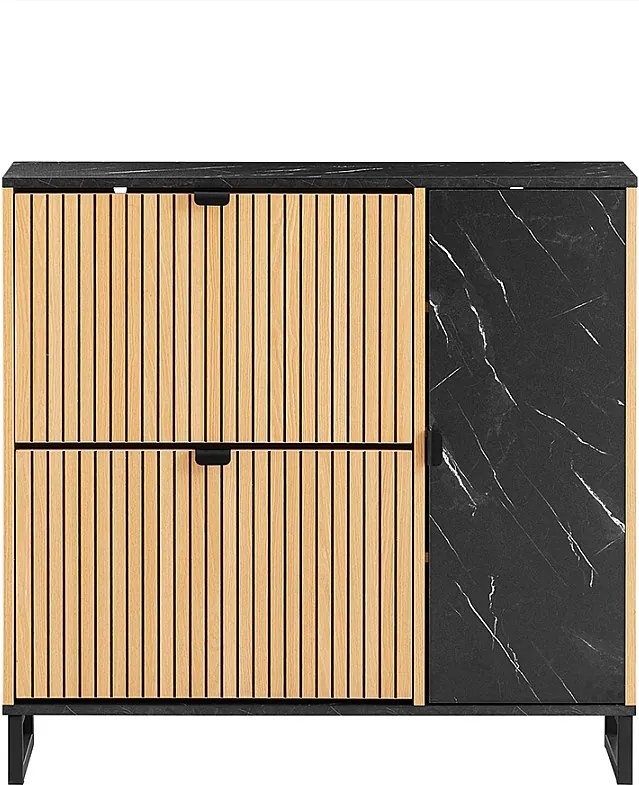 SoBuy wąska szafka na buty z 2 składanymi drzwiami nowoczesny design czarny marmur i jasne drewno 8 par butów