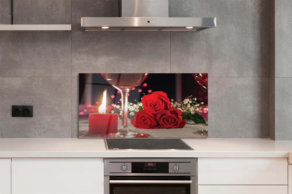 Szklany Panel Róże i Kieliszek przy Świecy