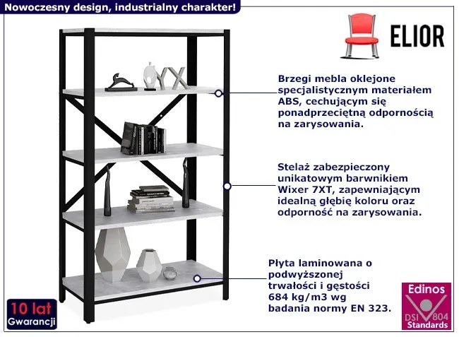 Regał 5 półek w stylu loft czarny + beton - Hordos 3X