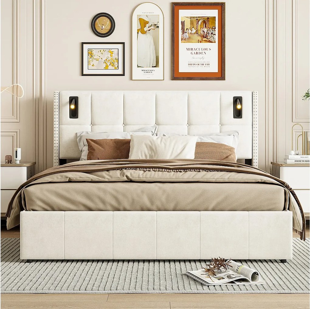 Tapicerowane łóżko podwójne z beżowego aksamitu 140x200 cm z hydraulicznym schowkiem, lampkami do czytania i portem USB