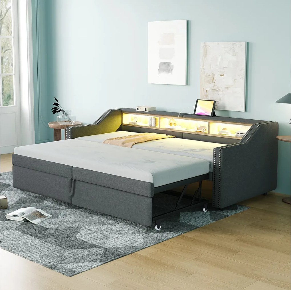 Tapicerowana rozkładana sofa - 90/180 x 200 cm - ze schowkiem + diodami LED + port USB - len + metal + sklejka + płyta MDF - szary