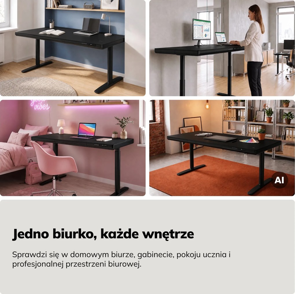 Biurko elektryczne sit-stand z szufladą i ładowarką bezprzewodową Qi czarne, 1600 mm: ELLIS