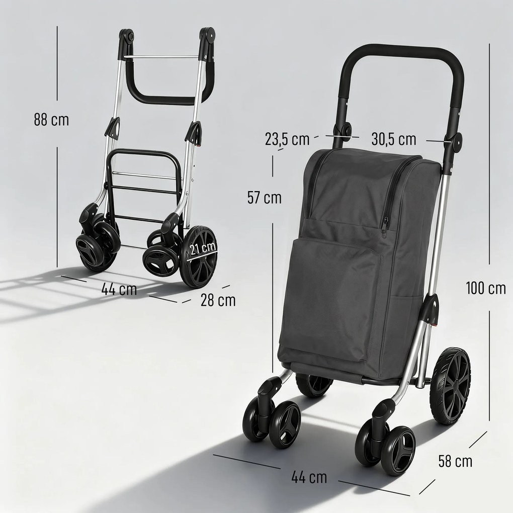 HOMCOM Wózek na zakupy, torba 46 l, składany wózek z kieszenią chłodzącą, regulowany uchwyt, rama aluminiowa, ciemnoszary | Aosom PL