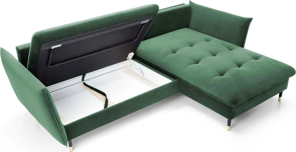 Zielony welurowy narożnik z funkcją spania butelkowa zieleń D6-G55