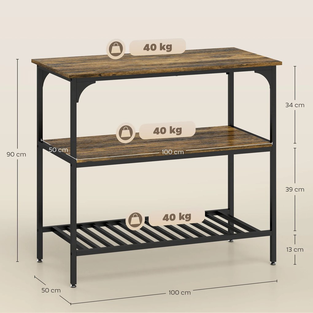 HOMCOM Regał kuchenny, 3-poziomowy regał kuchenny ze stalową ramą, Rustykalny-Brąz+Czarny
