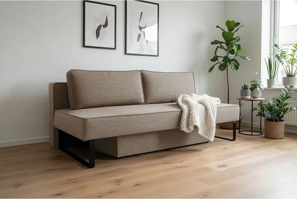 Sofa z funkcją spania i pojemnikiem NOMI, tkanina Faro, Ciemnobeżowy