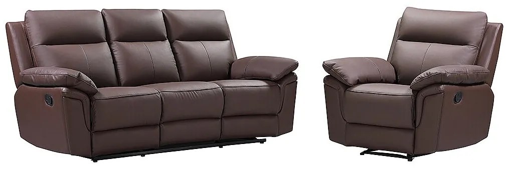 Kanapa 3-osobowa i fotel z funkcją relax ze skóry bawolej PAKITA - kolor brązowy