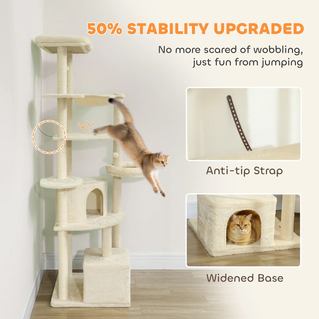 PawHut 2-metrowy drapak dla 2-3 kotów, słupki do drapania, kryjówki, hamak, miejsca do ukrycia, wielopoziomowy design, sizal, drewno, plusz, beżowy