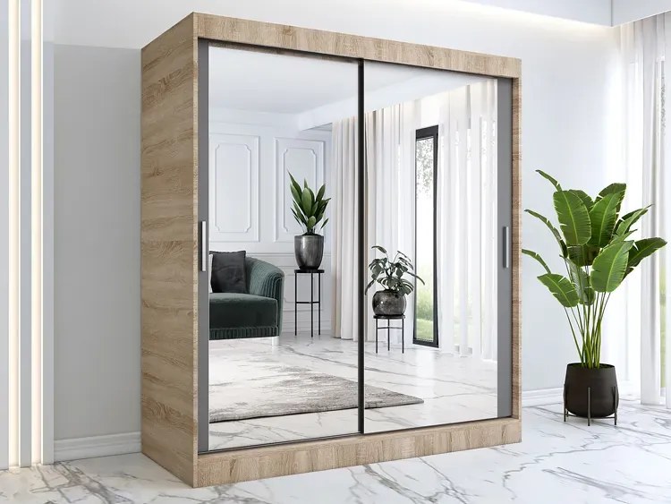 Szafa przesuwna z lustrem 180 cm dąb artisan + antracyt - Kukkin 5X