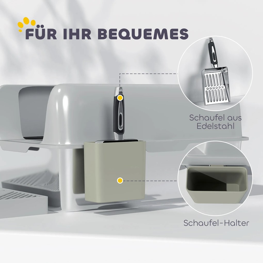 PawHut Kuweta dla kota, ze stali nierdzewnej, z wysokimi bokami i pojemnikiem, Jasnoszary