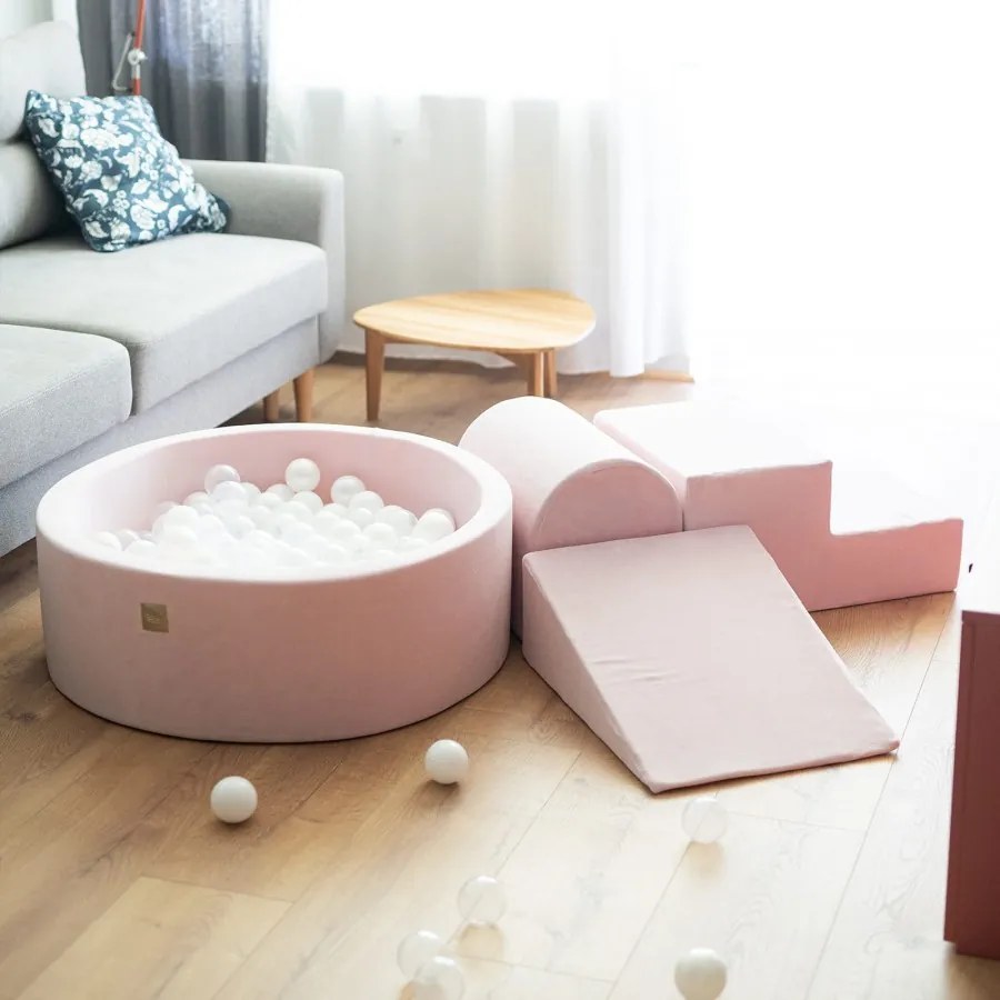 Piankowy zestaw do zabawy z suchym basenem 90x30cm, plac zabaw dla dziecka, 4 elementy, welurowy, jasnoróżowy, piłki: piłki do wyboru - meowbaby®