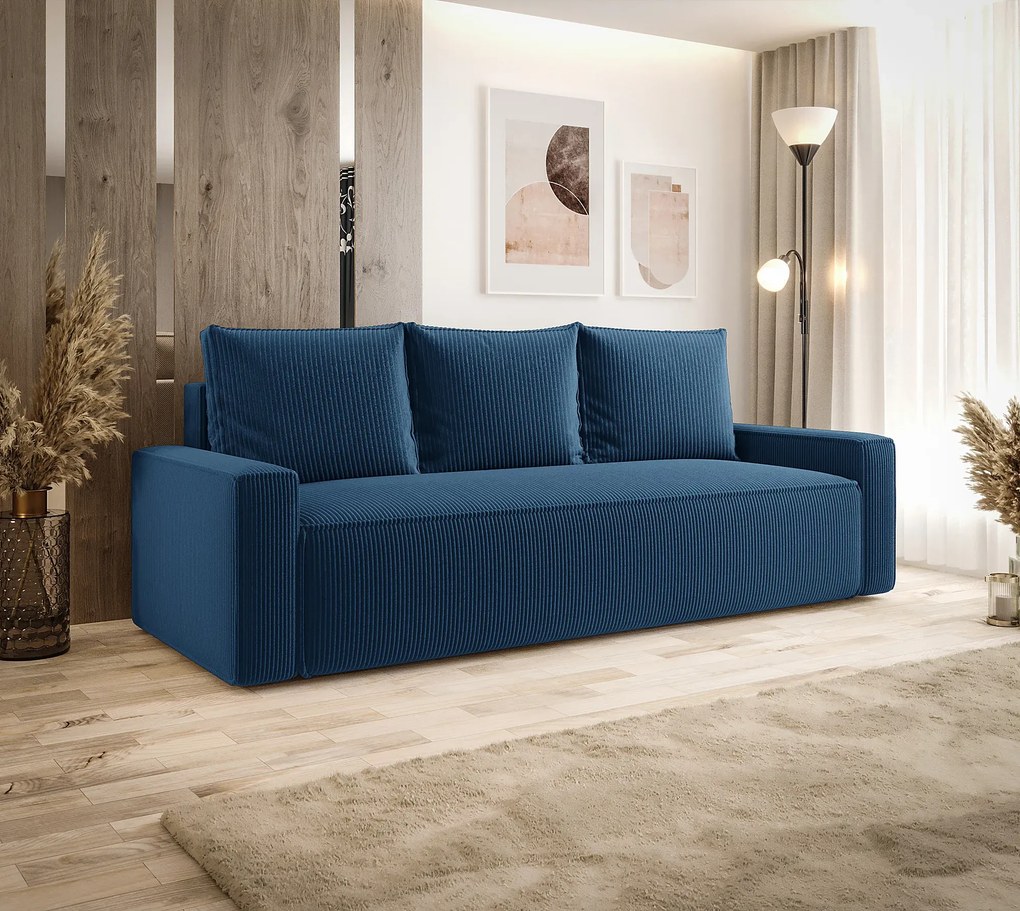 Niebieska sofa z pojemnikiem i funkcją spania E6-C32