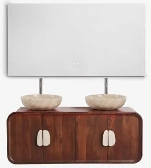 Zestaw Podwójnej Wiszącej Szafki Łazienkowej 130x45 Cm Z Drewna Mango I Naturalnego Kamienia Kivalina Prostokątny Led I Przeciwmgielny 140x75 Cm Riben