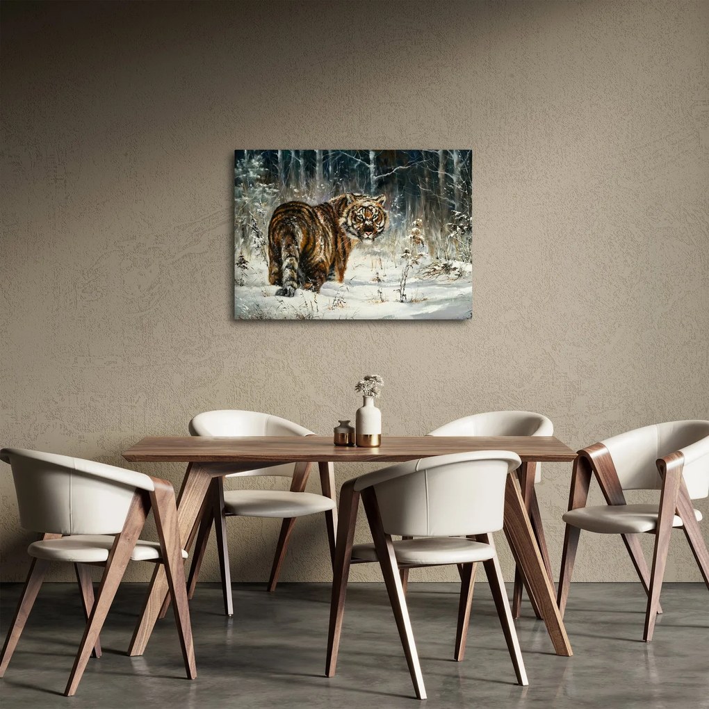 Obraz - Tygrys w zaśnieżonym lesie, obraz olejny (70x50 cm)