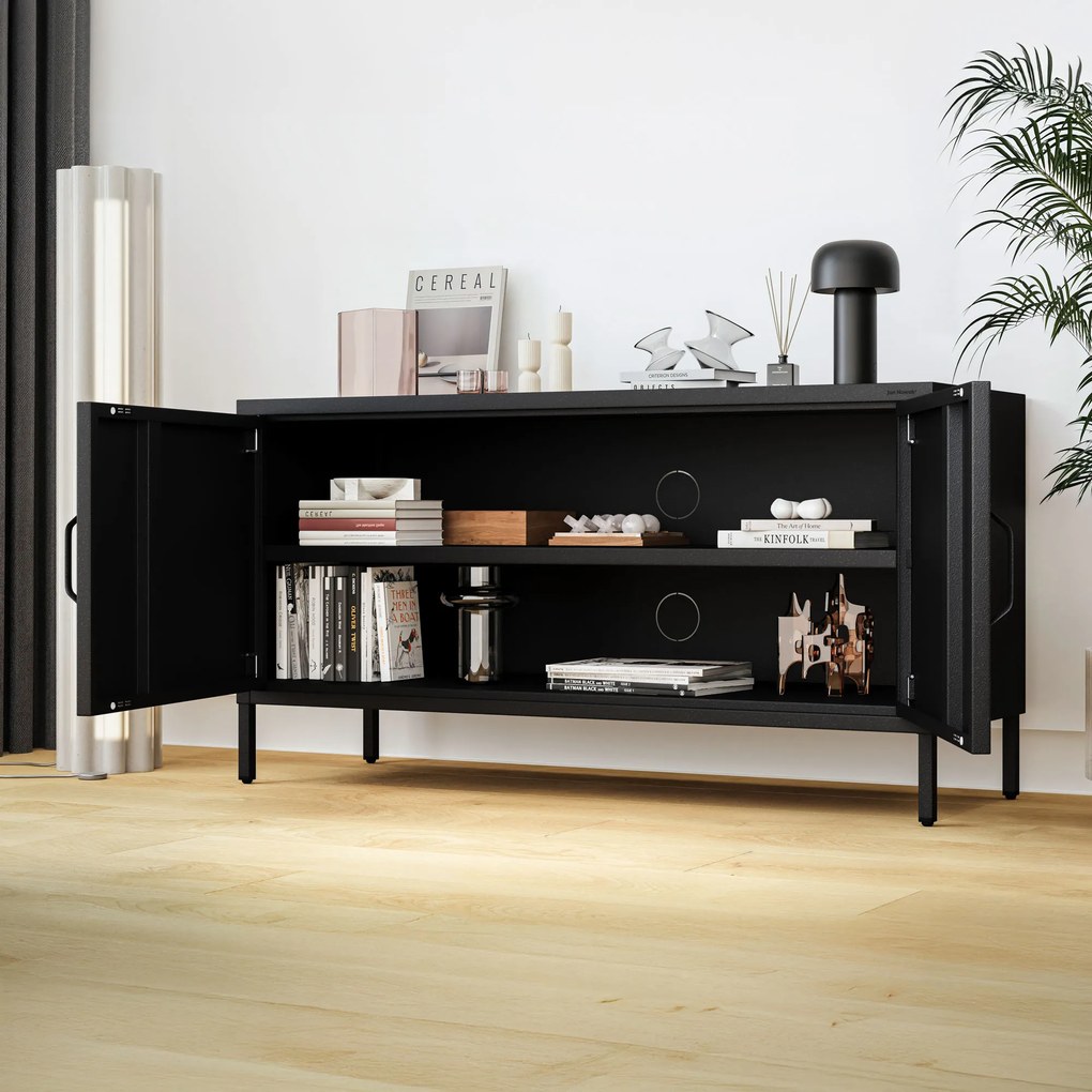 Szafka RTV metalowa na nóżkach czarna, 1150x595x400 mm: ROSA Modern