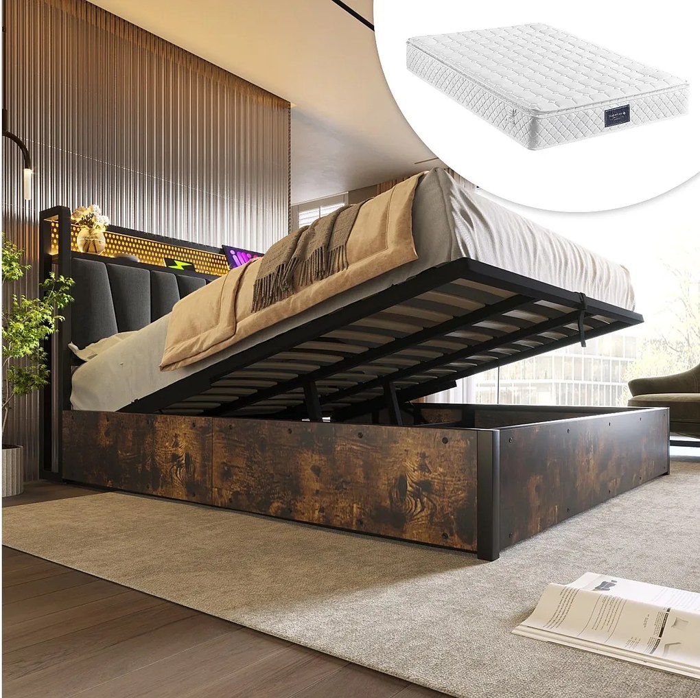 Łóżko metalowe ze schowkiem i zagłówkiem - 140 x 200 cm - LED + zintegrowane USB - Szare + Materac