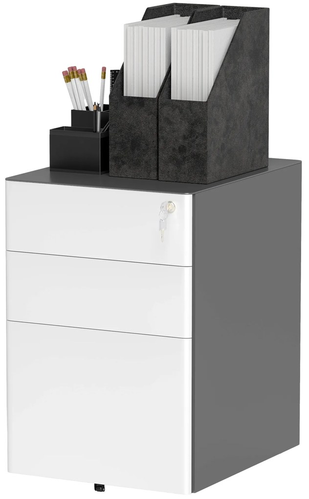 Vinsetto Szafka na dokumenty, kontener na kółkach, 3 szuflady i miejsce na segregatory, zamek, stalowa obudowa, 39x48x59 cm, Biały+Szary