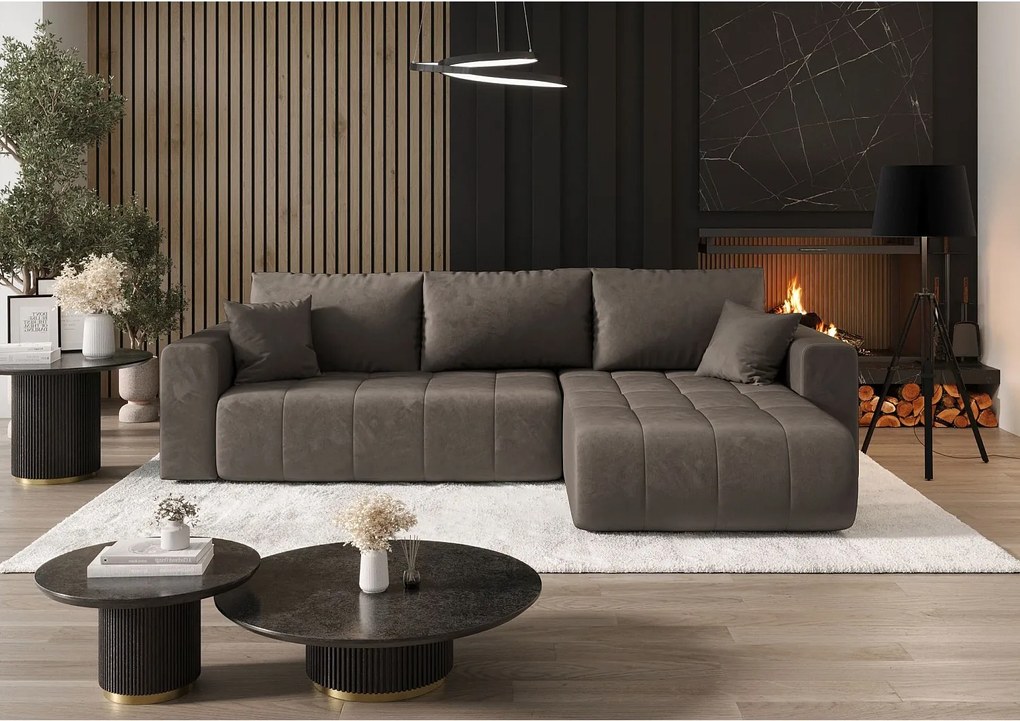 Narożnik z funkcją spania MILO Monolith 15 brązowy prawy sofa w kształcie L z pojemnikiem na pościel sofa do salonu, sofa rozkładana, sofa z pojemnikiem