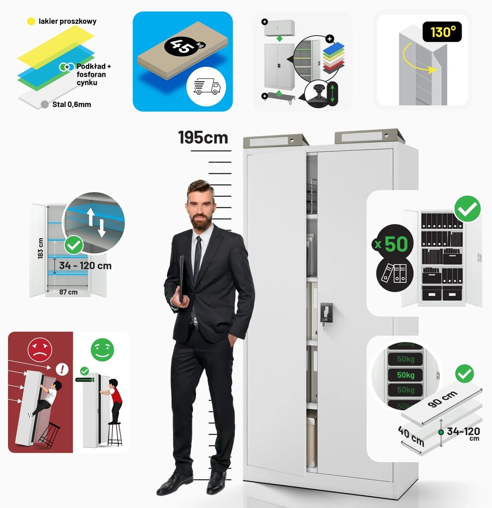 Szafa na dokumenty biurowa metalowa szara: JAN H, 900 x 1950 x 400 mm