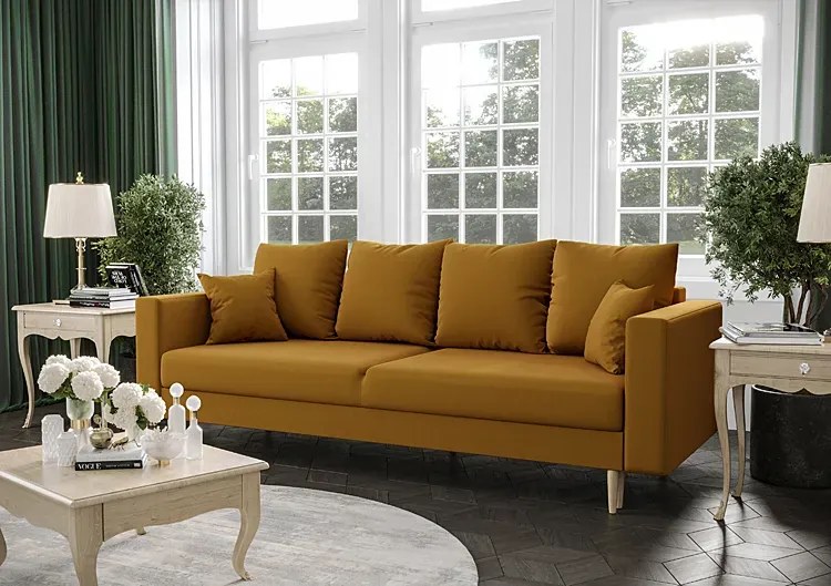 Musztardowa welurowa sofa rozkładana - Adante