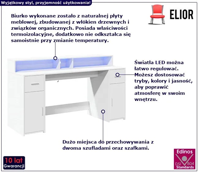 Białe biurko podświetlane 160 cm - Elvon