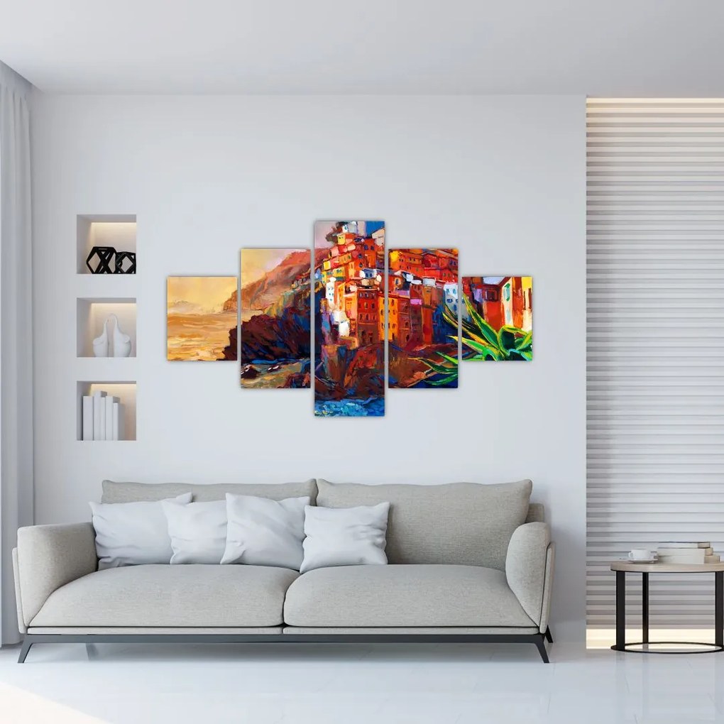 Obraz - Wieś na wybrzeżu Cinque Terre, Włoska Riviera, nowoczesny impresionism (125x70 cm)