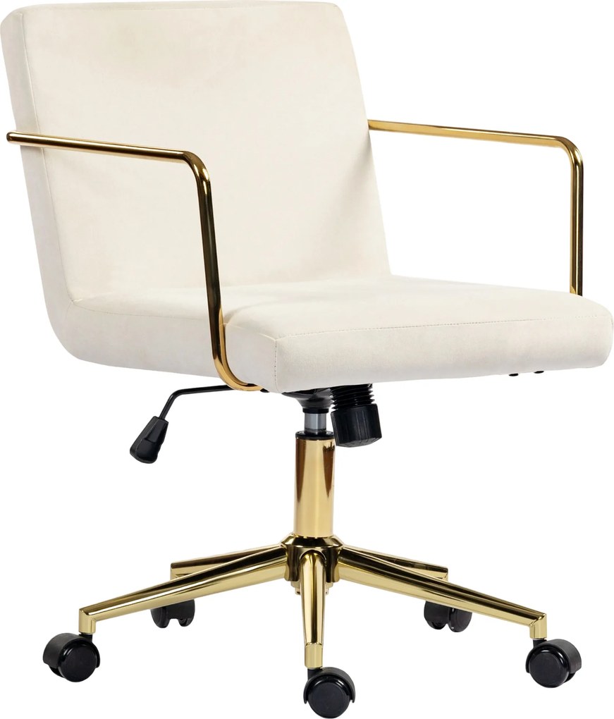 HOMCOM Obrotowy fotel biurowy ze złotymi akcentami, krzesło komputerowe z metalową podstawą, tkanina o wyglądzie aksamitu, kremowo-biały