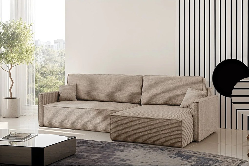 Narożnik z funkcją spania i pojemnikiem w kształcie L Carlos, tkanina Poso, Ciemnobeżowy, Prawy