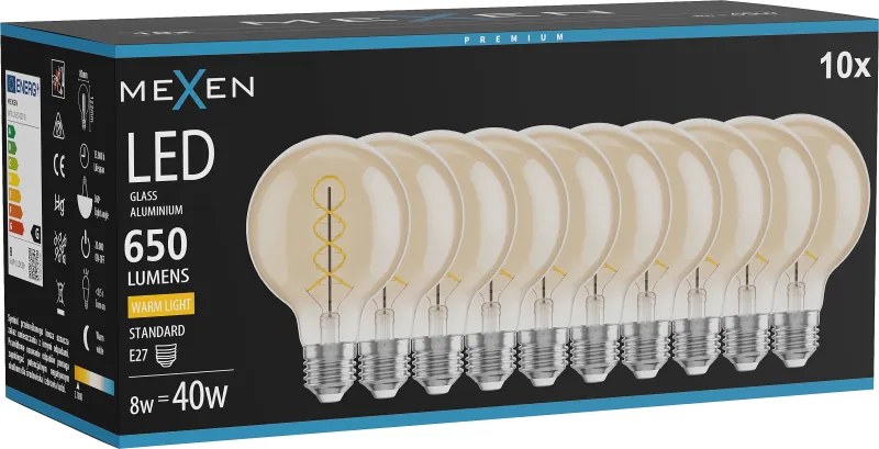 Mexen Vintis 10x żarówka filament spirala LED E27, G80, 8W, Ciepła - 2700K, 650 lm, amber - L165-E27-0827-50x10