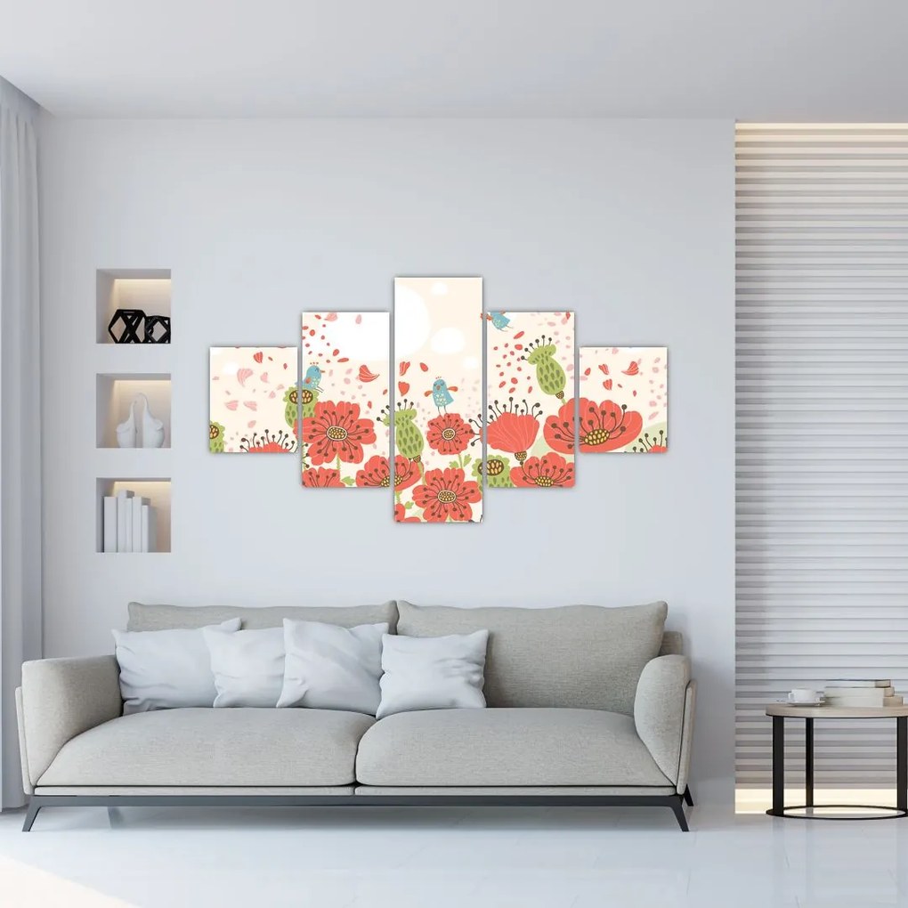 Obraz - Ptaszki na kwitnącej łące (125x70 cm)
