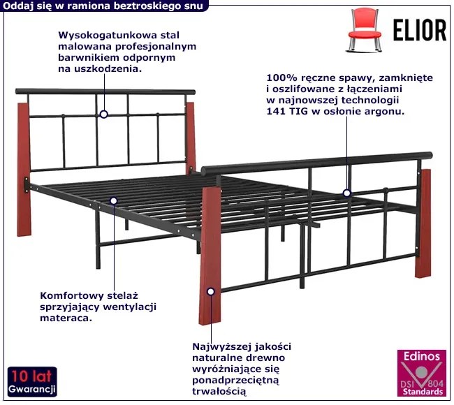 Metalowe rustykalne łóżko czarny + ciemny dąb 140x200 cm - Paresa