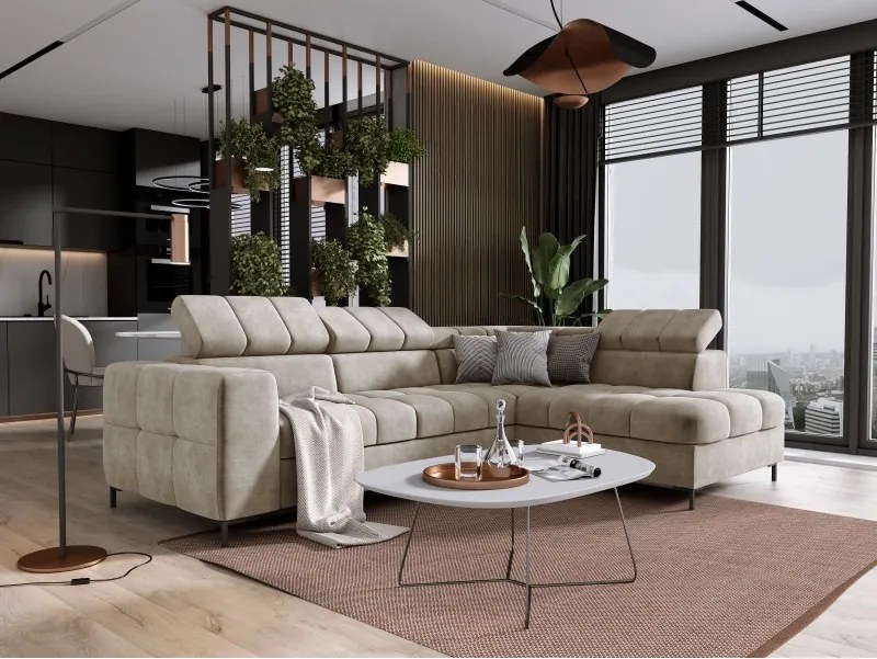 Narożnik PABLOS układ L strona Prawa w tkaninie CLOUD 03 regulowane zagłówki z funkcją spania