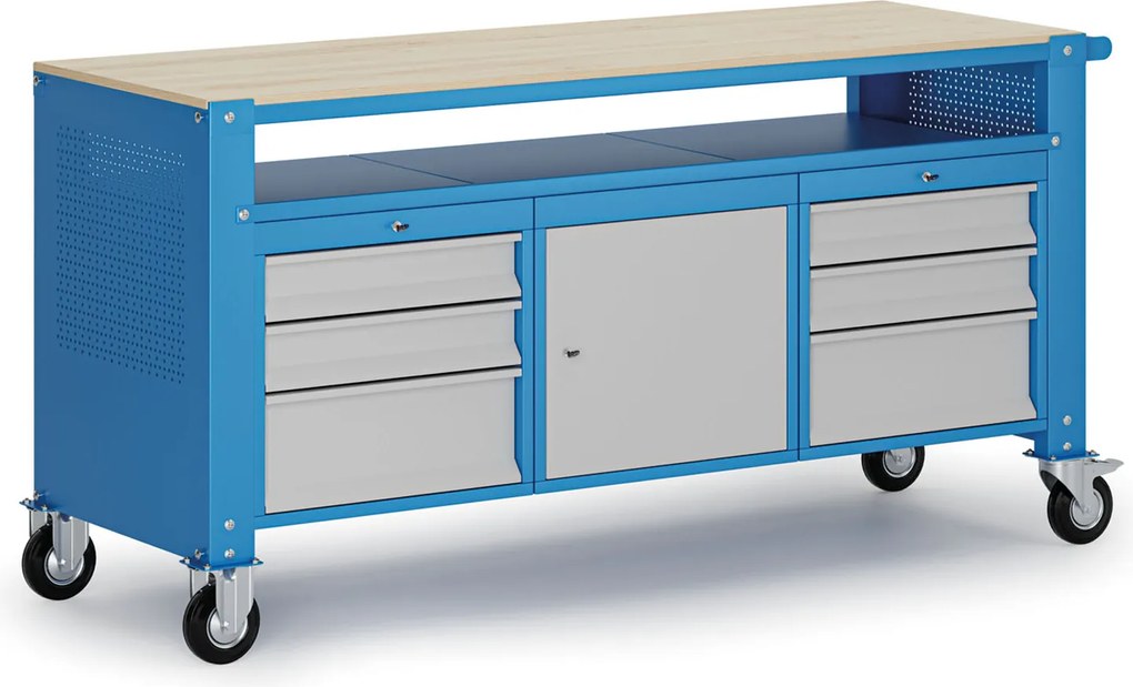 Mobilny stół warsztatowy G9, 1 górna półka, 1 szafka, 6 szuflad, 1690 x 595 x 865-1130 mm, szary/niebieski