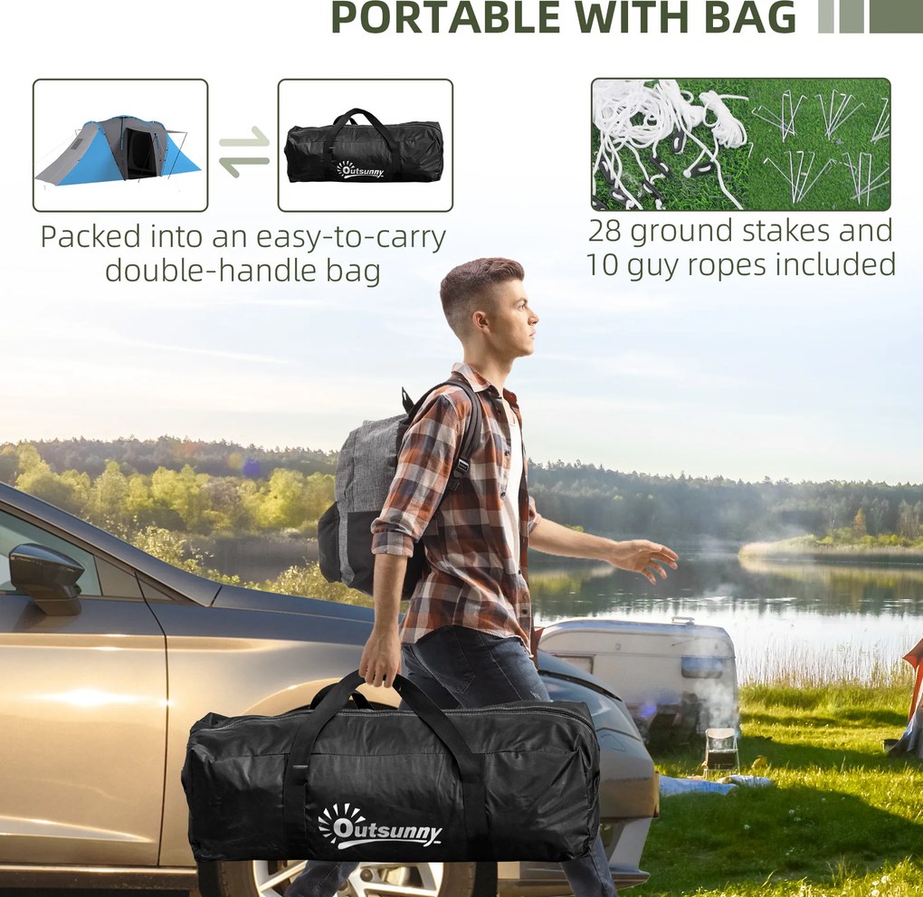 Outsunny Namiot tunelowy, wodoodporny 2000 mm, namiot kempingowy dla 4-6 osób z 2 sypialniami i torbą transportową, szaro-niebieski | Aosom PL