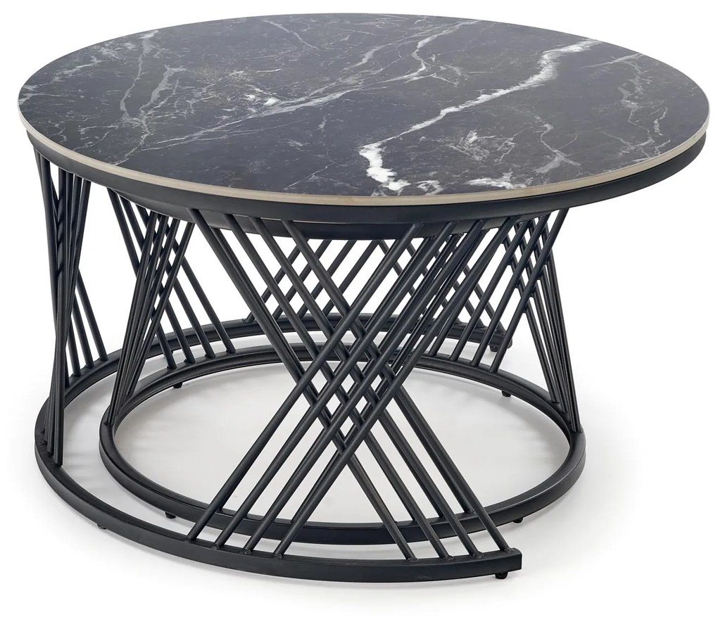 Zestaw 2 okrągłych ław, spiek czarny marmur/biały marmur/czarny 80/46 60/40 FLAMINGO