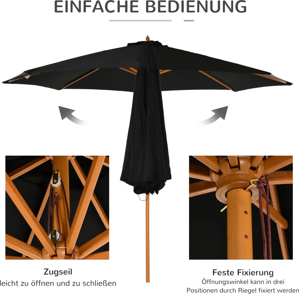 Outsunny Parasol Ogrodowy 3m Drewniany Wysokiej Jakości Bambusowy Czarny | Aosom PL