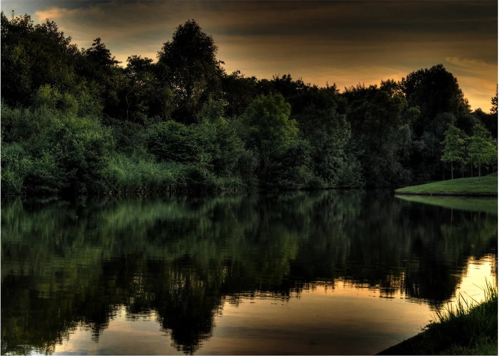 Obraz na szkle - jezioro przy lesie (70x50 cm)