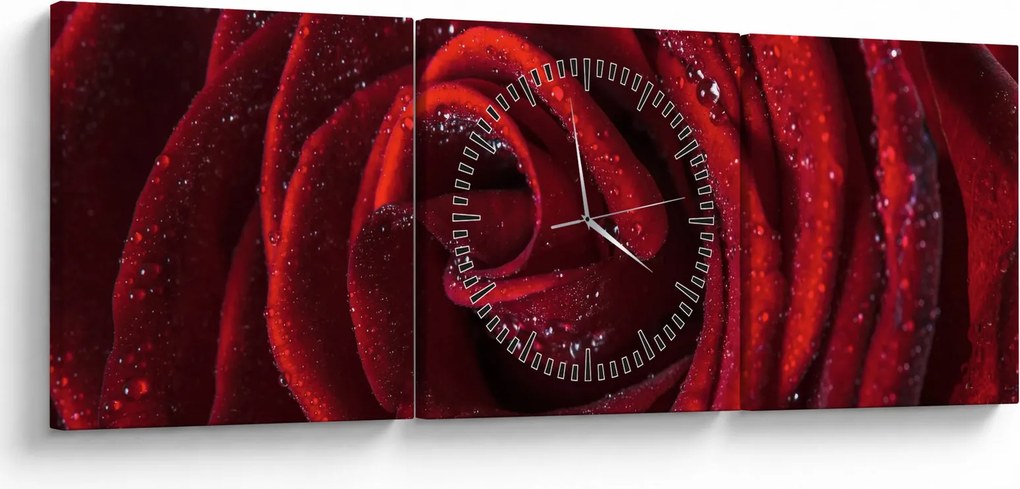 Obraz - Czerwona róża z kroplami rosy (z zegarem) (90x30 cm)