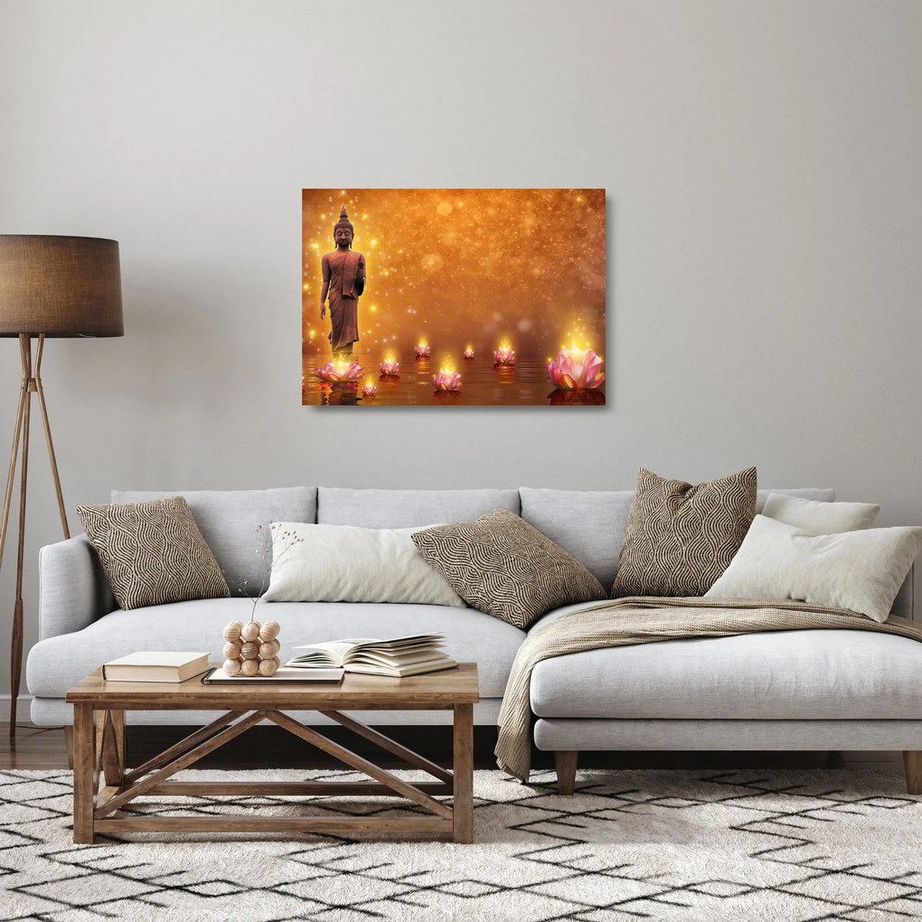 Obraz na szkle - Budda w złotym blasku (70x50 cm)