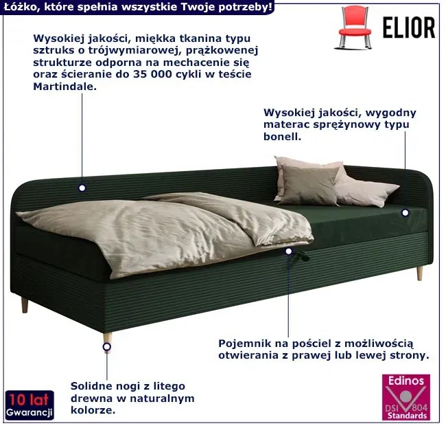 Zielone prawostronne łóżko z materacem i pojemnikiem na pościel 100x200 3x T3-G51