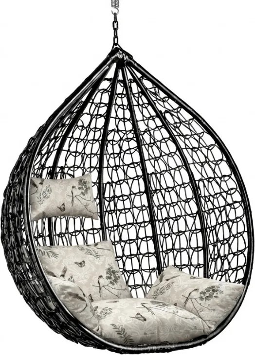 Fotel wiszący czarny KOKON bez stojaka, poduszka beżowa we wzory