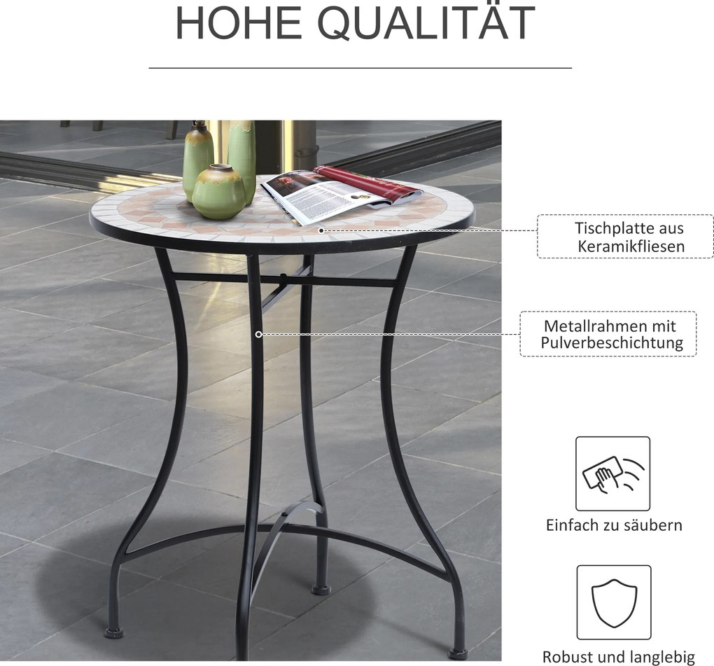 Outsunny Stolik Ogrodowy Balkonowy Mozaikowy Okrągły Stal i Ceramika Pomarańczowy Biały 60x71cm | Aosom PL