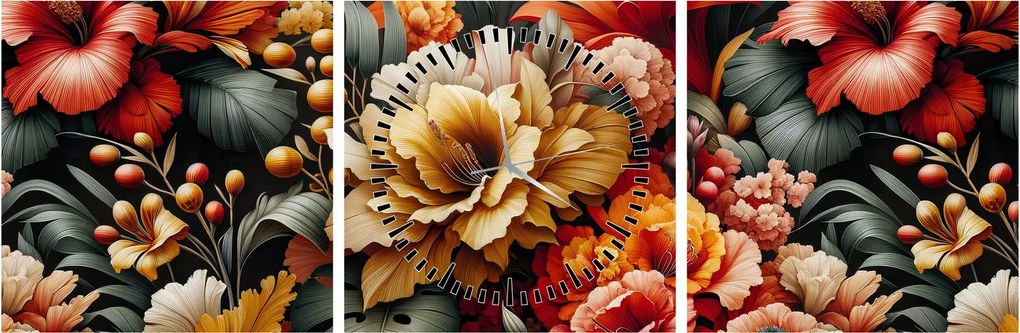 Obraz - Pomarańczowo-czerwone kwiaty (z zegarem) (90x30 cm)