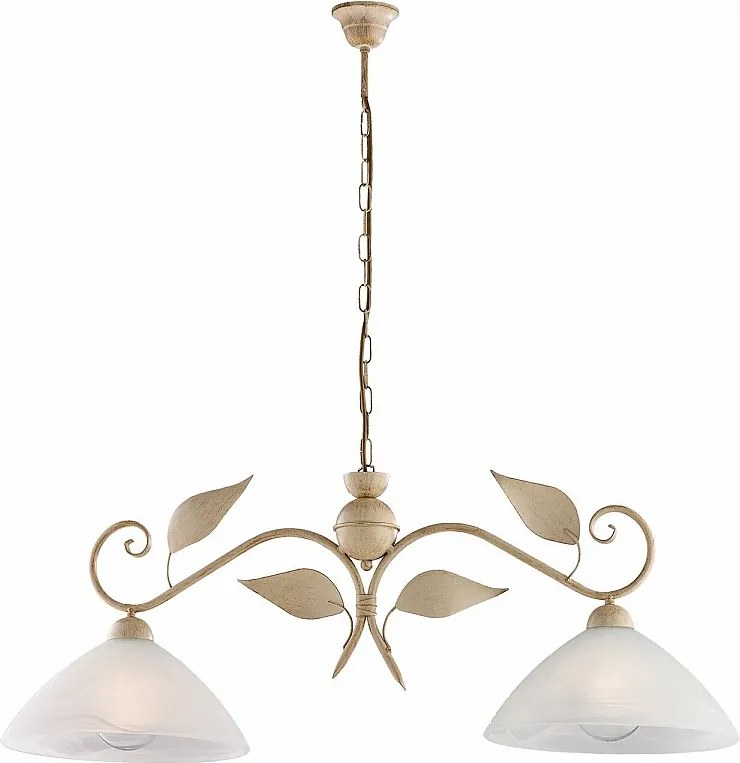 Żyrandol z żelaza w kolorze kości słoniowej, dekor stare złoto, klosze z białego alabastru Ø30 cm, 2 światła, 96x30 cm