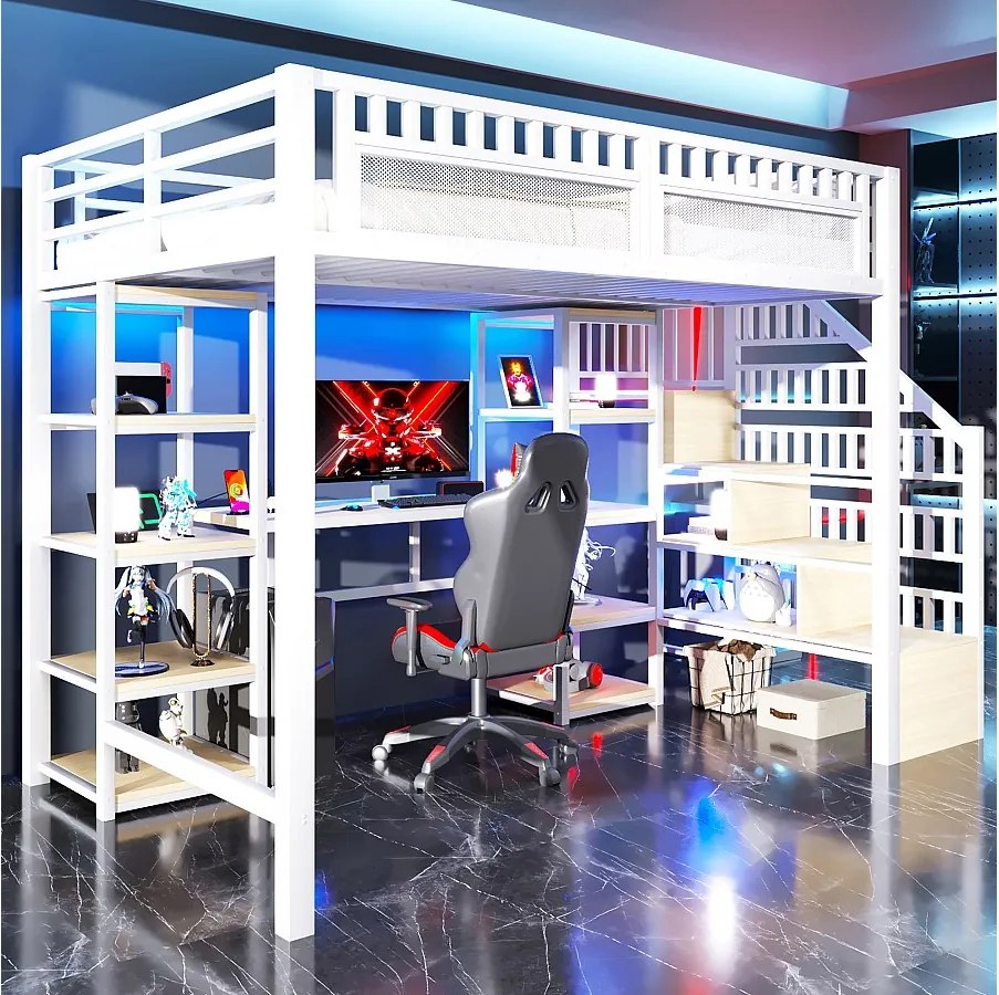 Łóżko piętrowe dla dzieci - 140 x 200 cm - rama żeliwna - z biurkiem + diody LED + port USB + półka + drabinka - metalowe - białe