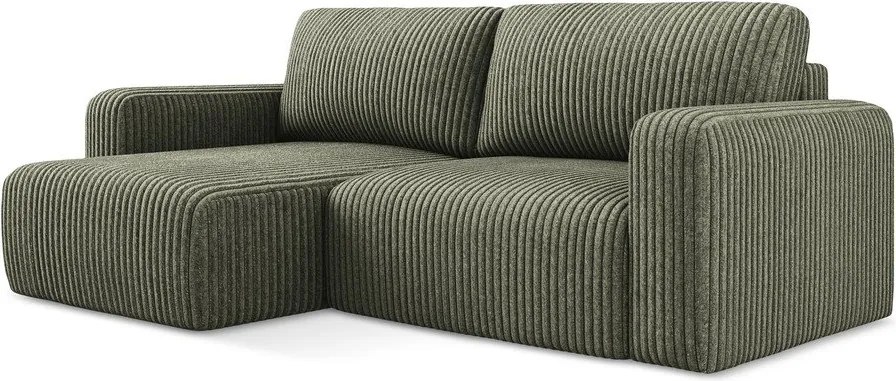 Zielony sztruksowy rozkładany/ze schowkiem narożnik (lewostronny/z szezlongiem) Kona – Makamii